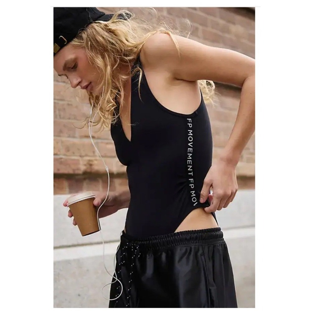 Free People Never Better Logo Bodysuit Medium Black V-Neck Racerback Active Gym